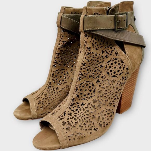 Vince Camuto Maizy Perforated Laser Cut Leather Ankle Booties Brown Size 10M/40 - Picture 1 of 15